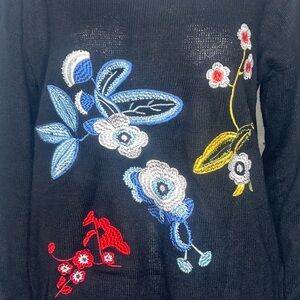 Relativity Sweater Black with Colored Embroidered Floral Detail Women's XL